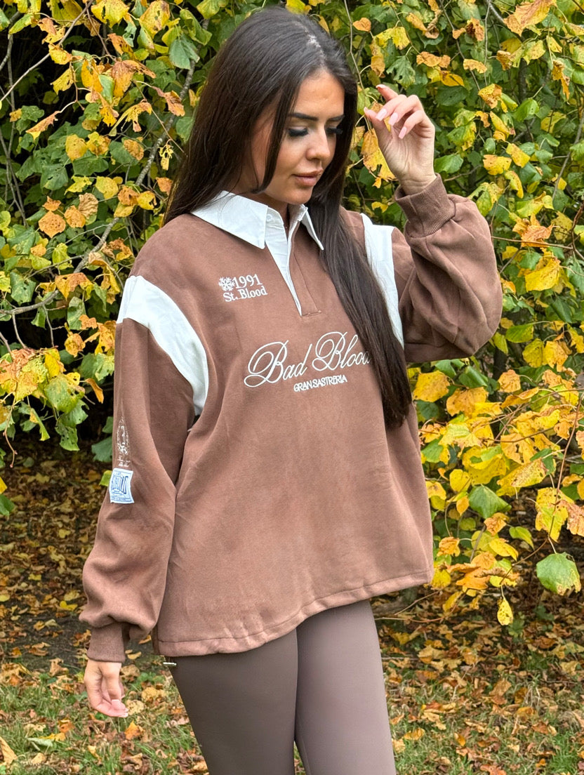 'BAD BLOOD' EMBROIDERED SLOGAN COLLARED SWEATSHIRT - BROWN