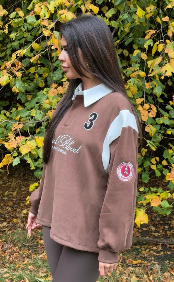 'BAD BLOOD' EMBROIDERED SLOGAN COLLARED SWEATSHIRT - BROWN