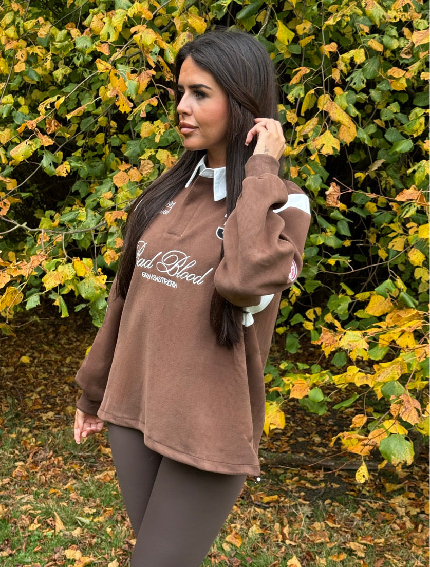 'BAD BLOOD' EMBROIDERED SLOGAN COLLARED SWEATSHIRT - BROWN