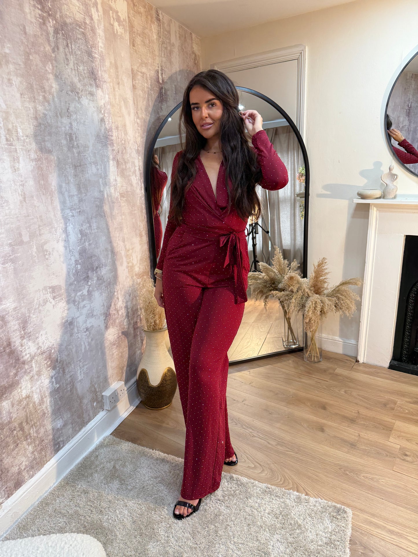 DIAMANTE LONG SLEEVED FLARED LEG JUMPSUIT