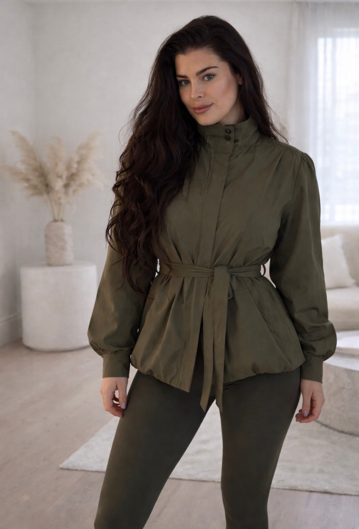KHAKI BELTED PUFF SLEEVE HIGH NECK JACKET