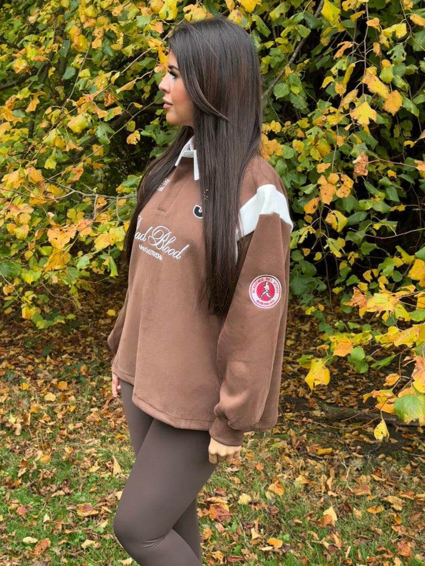 'BAD BLOOD' EMBROIDERED SLOGAN COLLARED SWEATSHIRT - BROWN